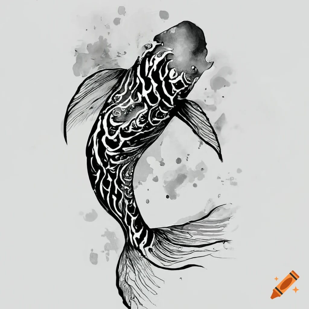 Minimalist koi fish tattoo design, striking in black and white on