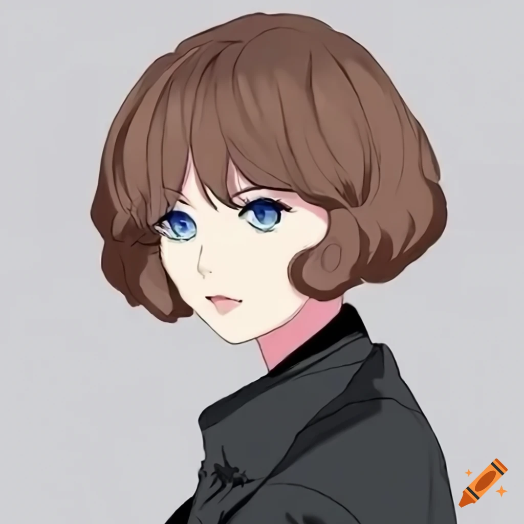 Anime style, woman with brown short hair, french bob hairstyle