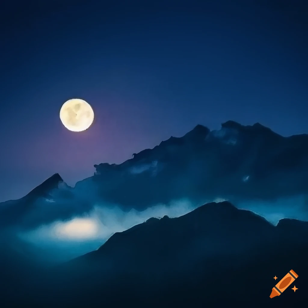 Moon above mountains night watercolor