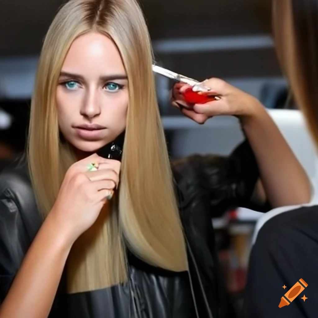 Kimberley garner getting her long, straight hair trimmed by a stylist