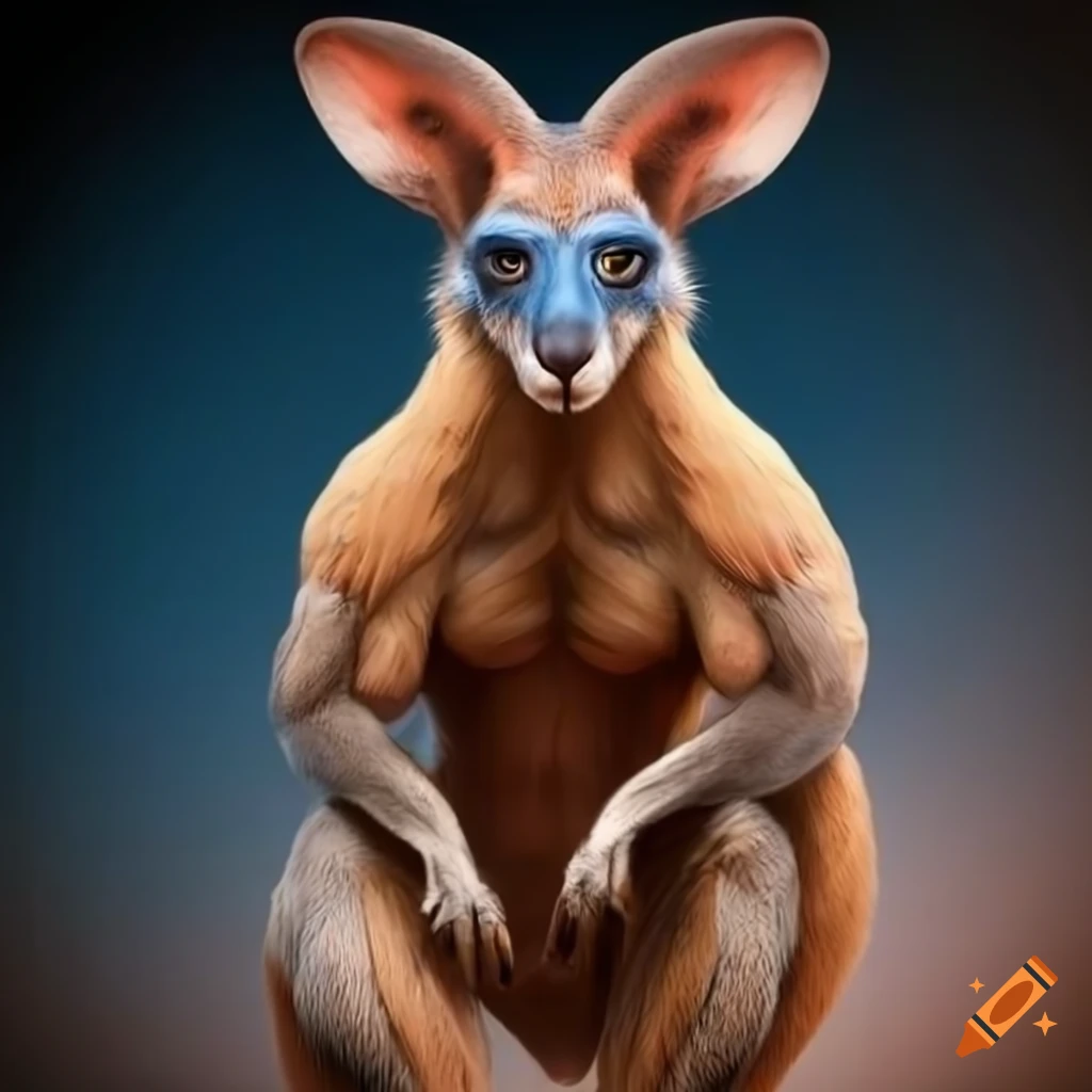 A muscular, anthropomorphic monkey-kangaroo hybrid female with a
