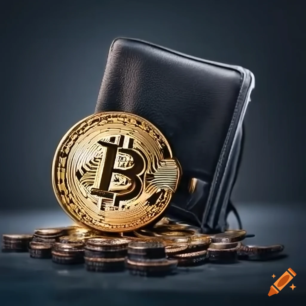 Bitcoin wallet with coins flowing in and out of it on Craiyon