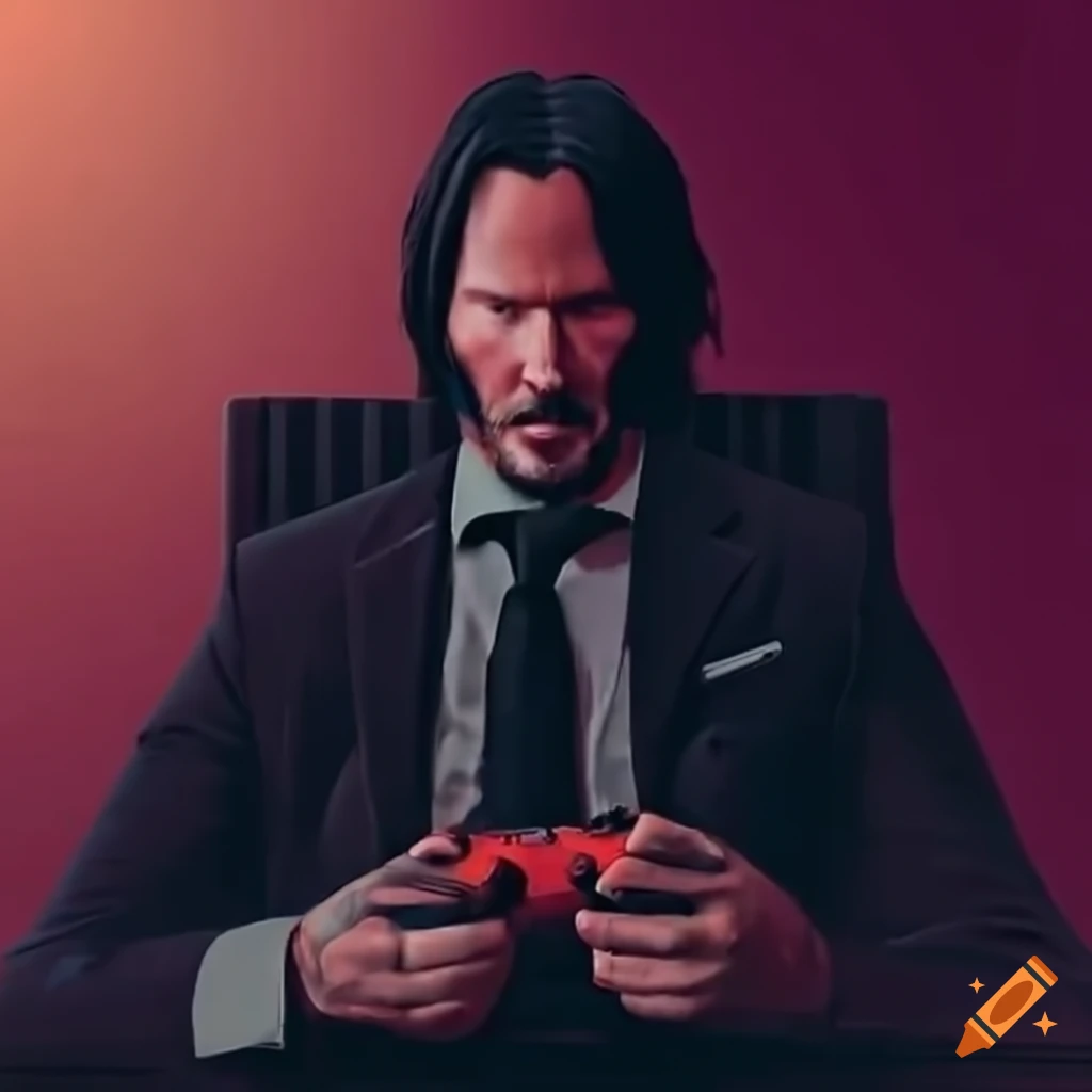John wick playing game with a controller while sitting on chair