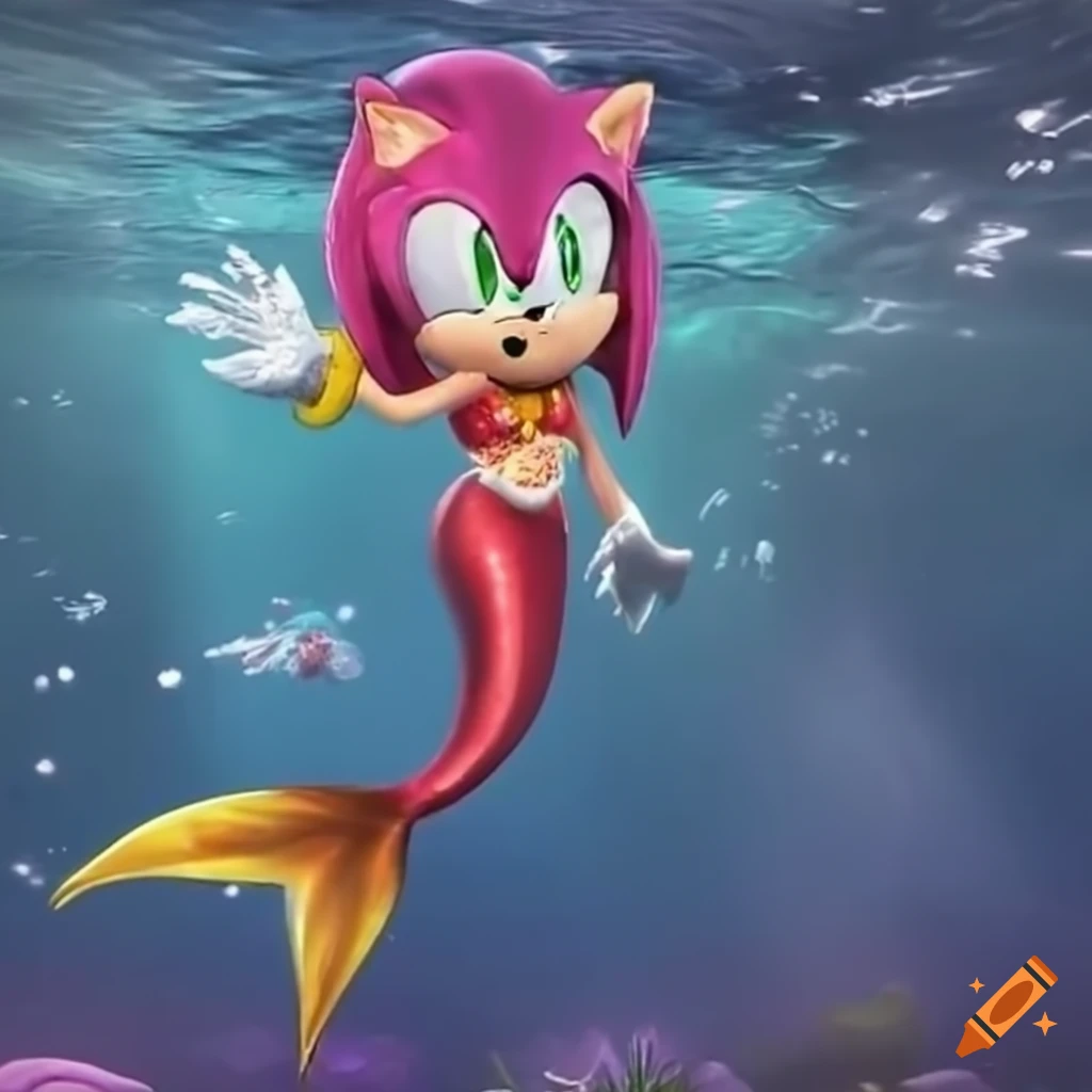 Amy rose transformed into a majestic mermaid princess underwater on Craiyon