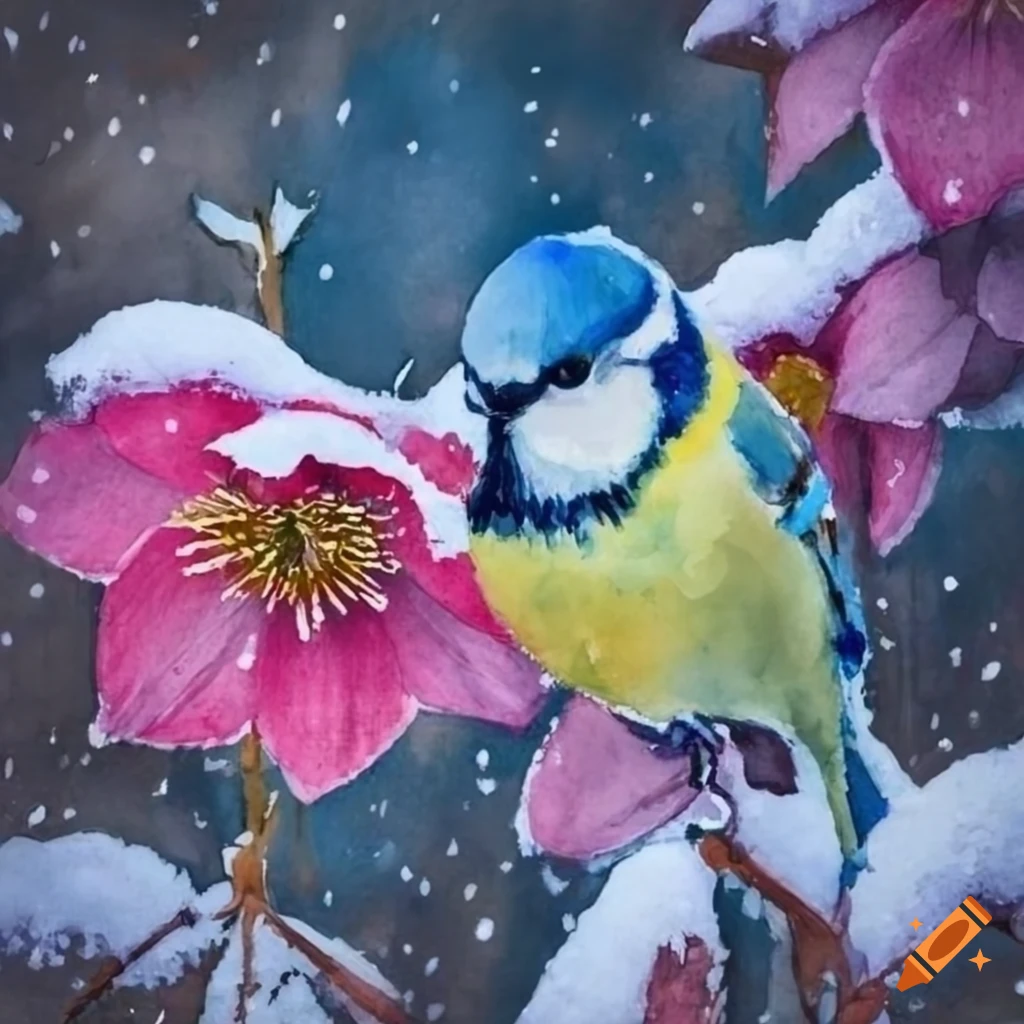 Vibrant watercolor depicting a blue tit sitting on hellebore flowers