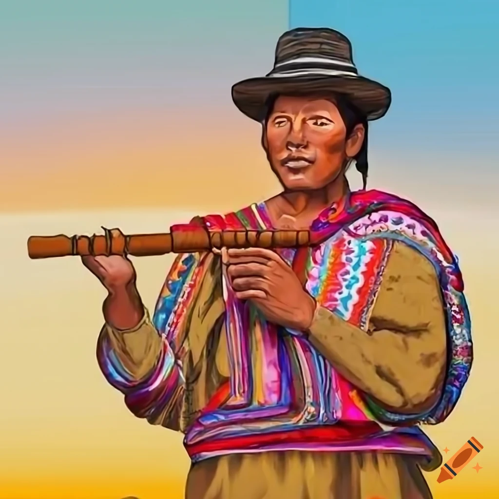 Peruvian man with pan flute ,with a sunset and mountain background