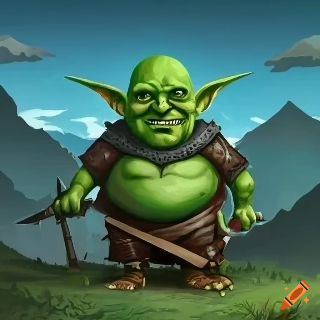 Fat bald green-skinned goblin with a huge belly wearing armor and ...