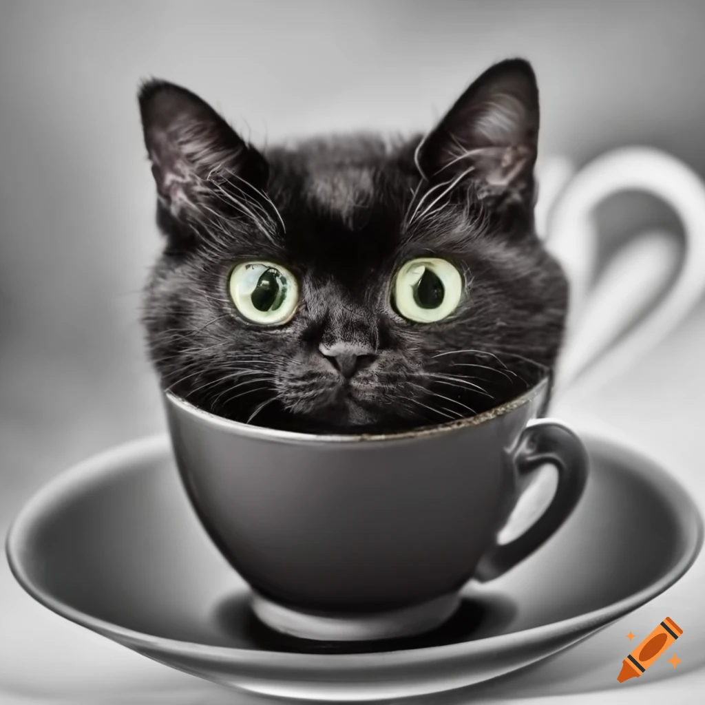 Black cat in a teacup on Craiyon