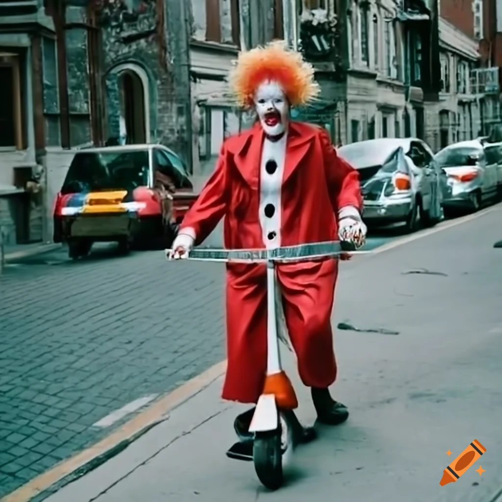 A clown riding a scooter