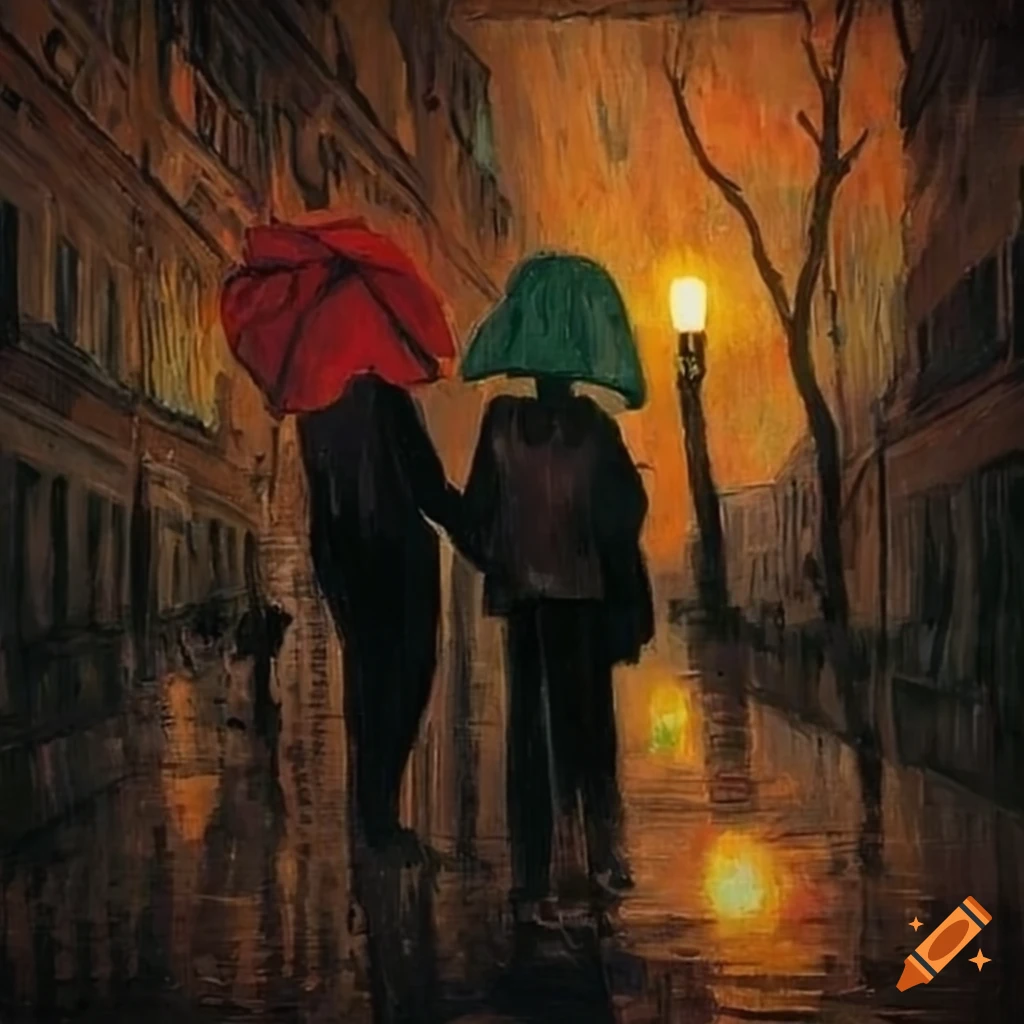 Young couple walking in the rain in Paris in the style of Van Gogh on ...