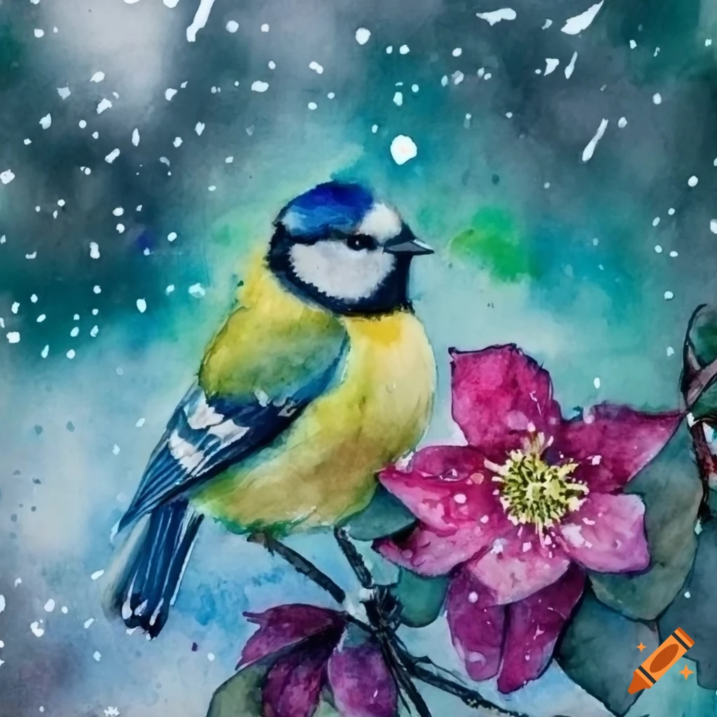 Vibrant watercolor depicting a blue tit sitting on hellebore flowers