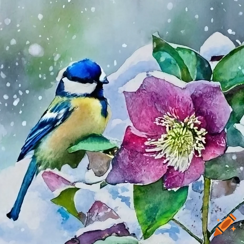 Vibrant watercolor depicting a blue tit sitting on hellebore flowers