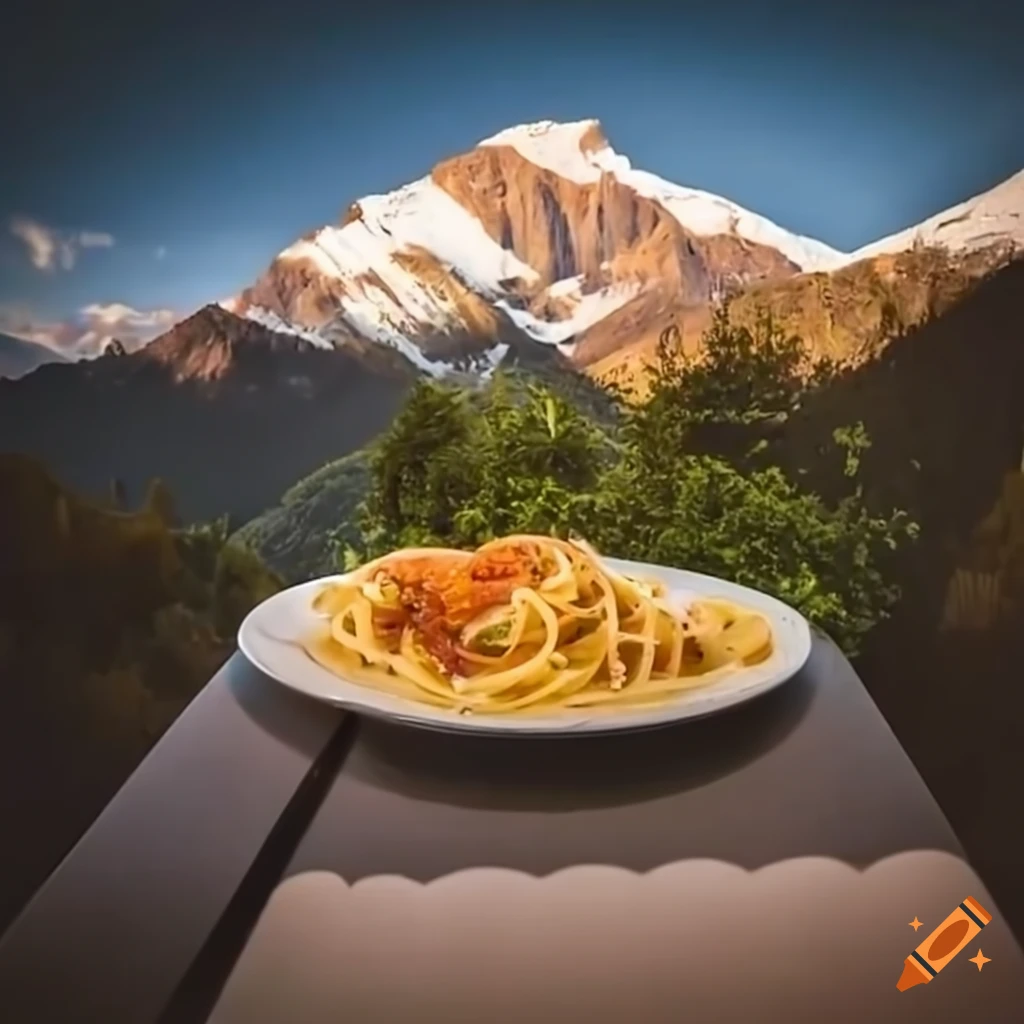 Plate of delicious pasta with a breathtaking mountain backdrop