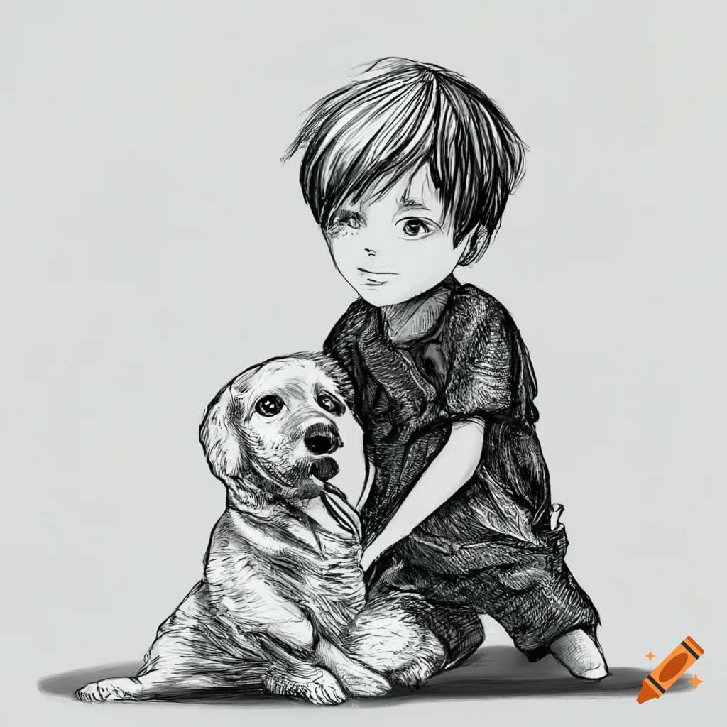 Black and white sketch of a boy and his loyal dog on Craiyon