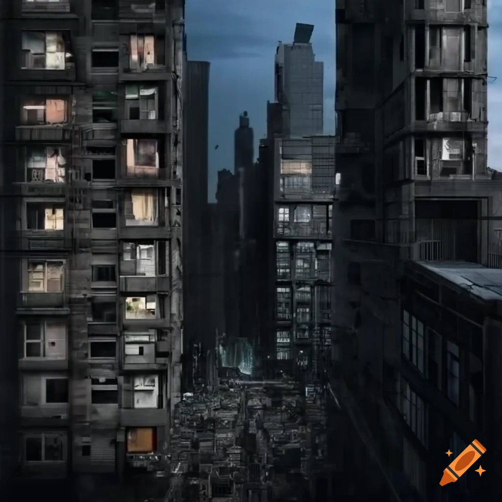 A clear and detailed photorealistic new york tokyo hybrid slum building