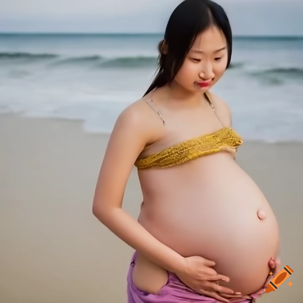 A petite woman with a large pregnant belly in public on Craiyon