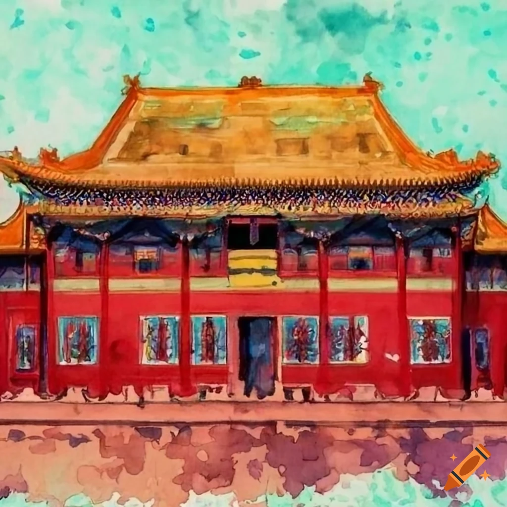 Watercolor the wall of the red hall of the chinese palace with a large