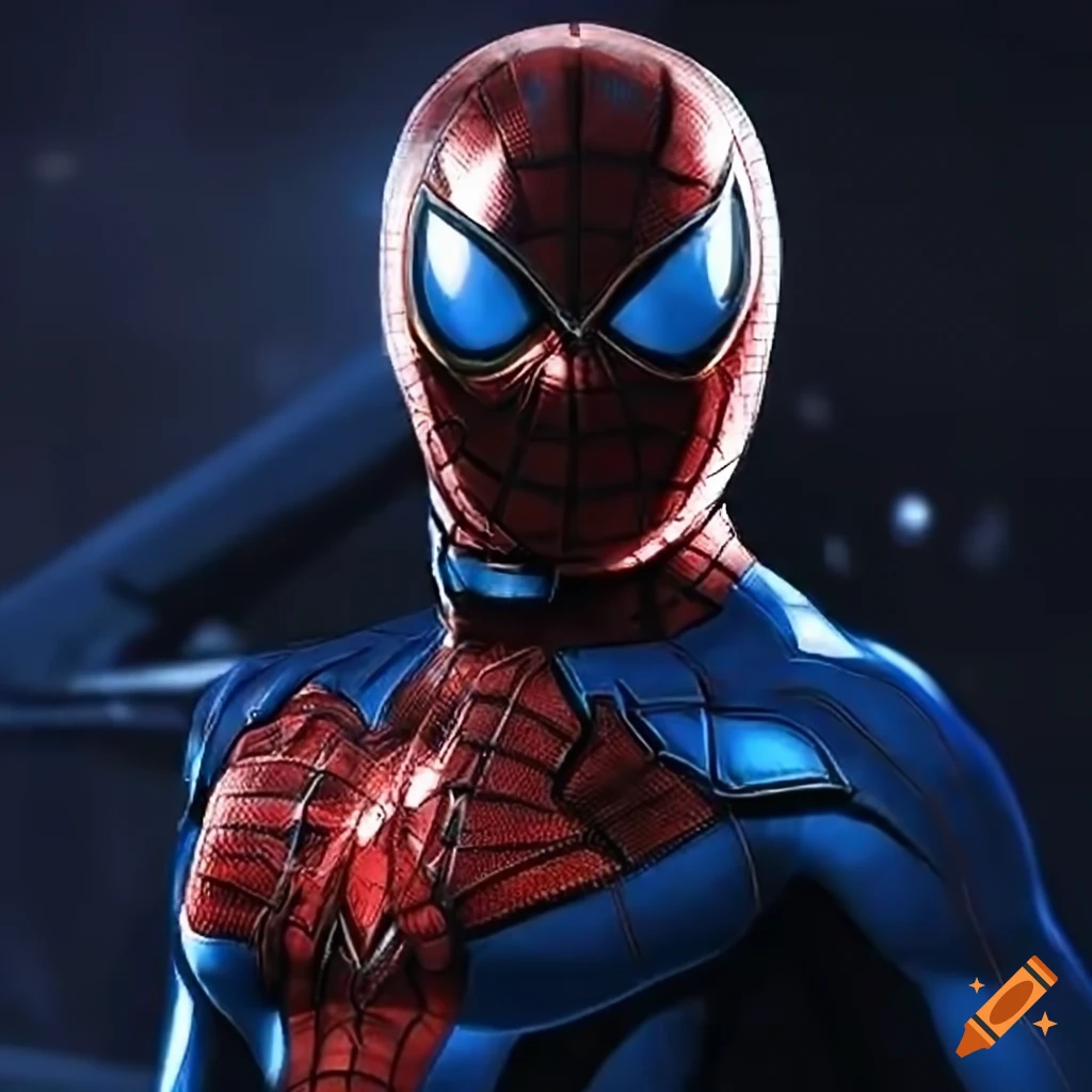 The spider-man mark 2 suit but the gold on the suit is replaced with chrome  blue and the spider symbol on the chest is replaced with the spider-man  2099 logo but the
