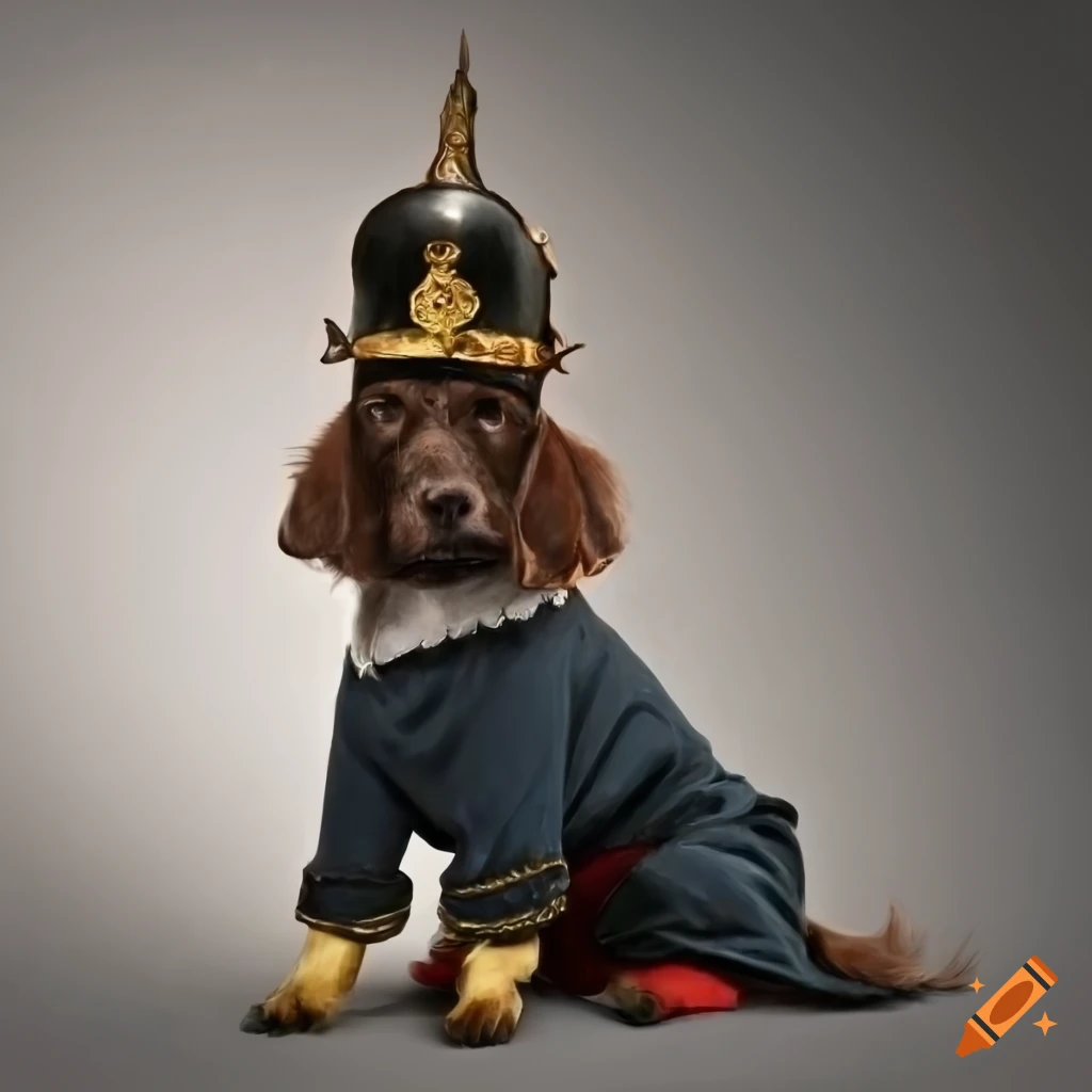 dog dressed with a old prussian military costume with Pickelhaube Helmet