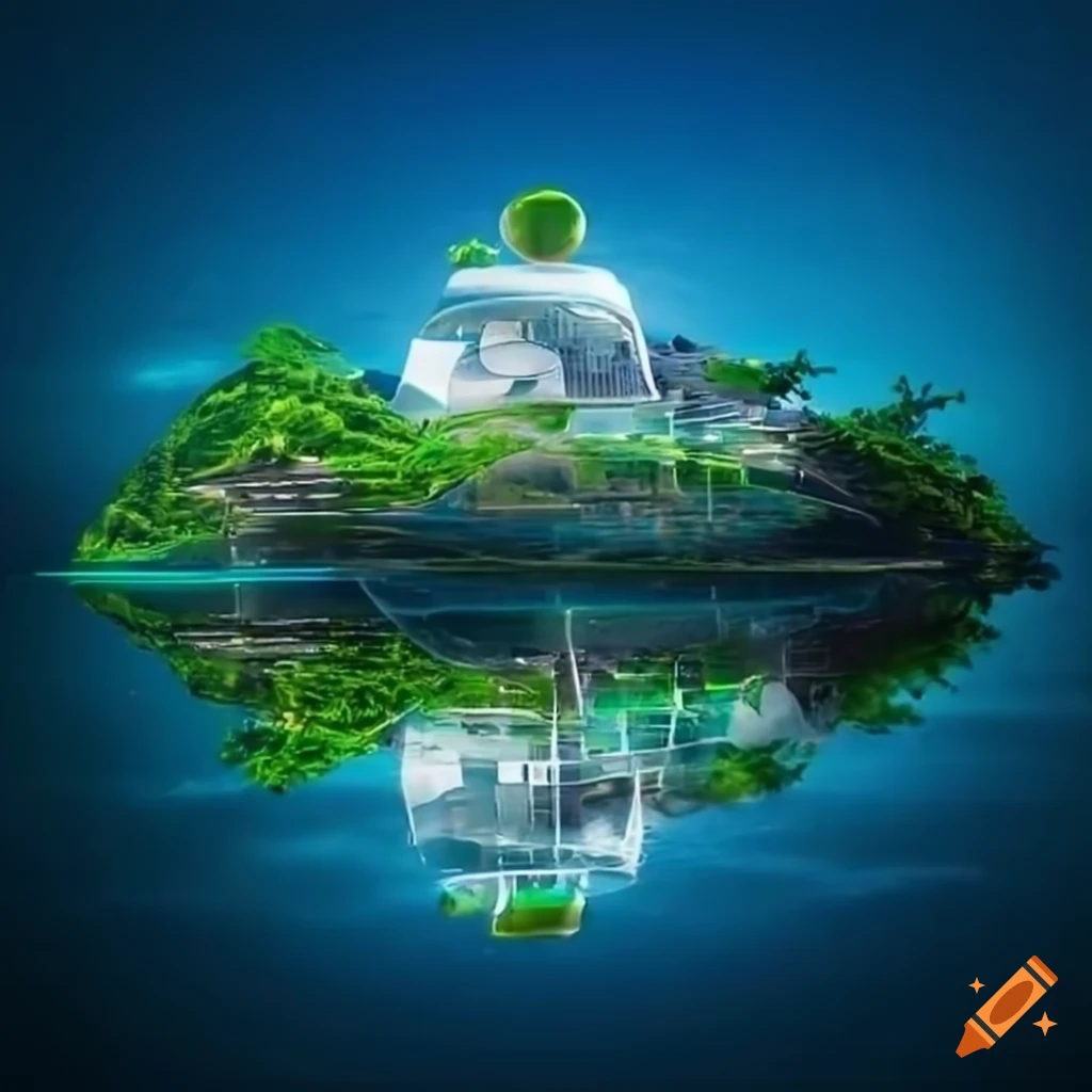 A shot from far of a futuristic island with advanced technology and ...