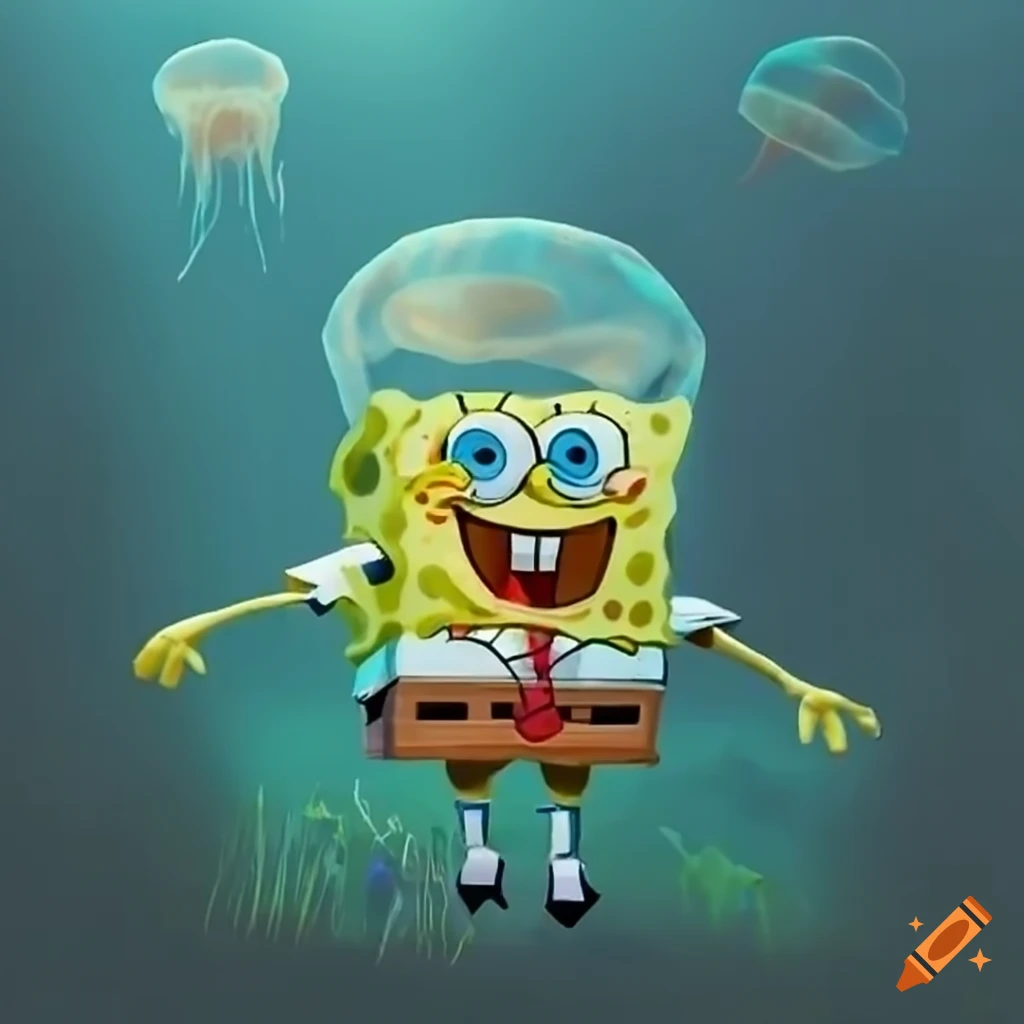 Spongebob squarepants in a field of jellyfish trying to catch one with net  low poly on Craiyon