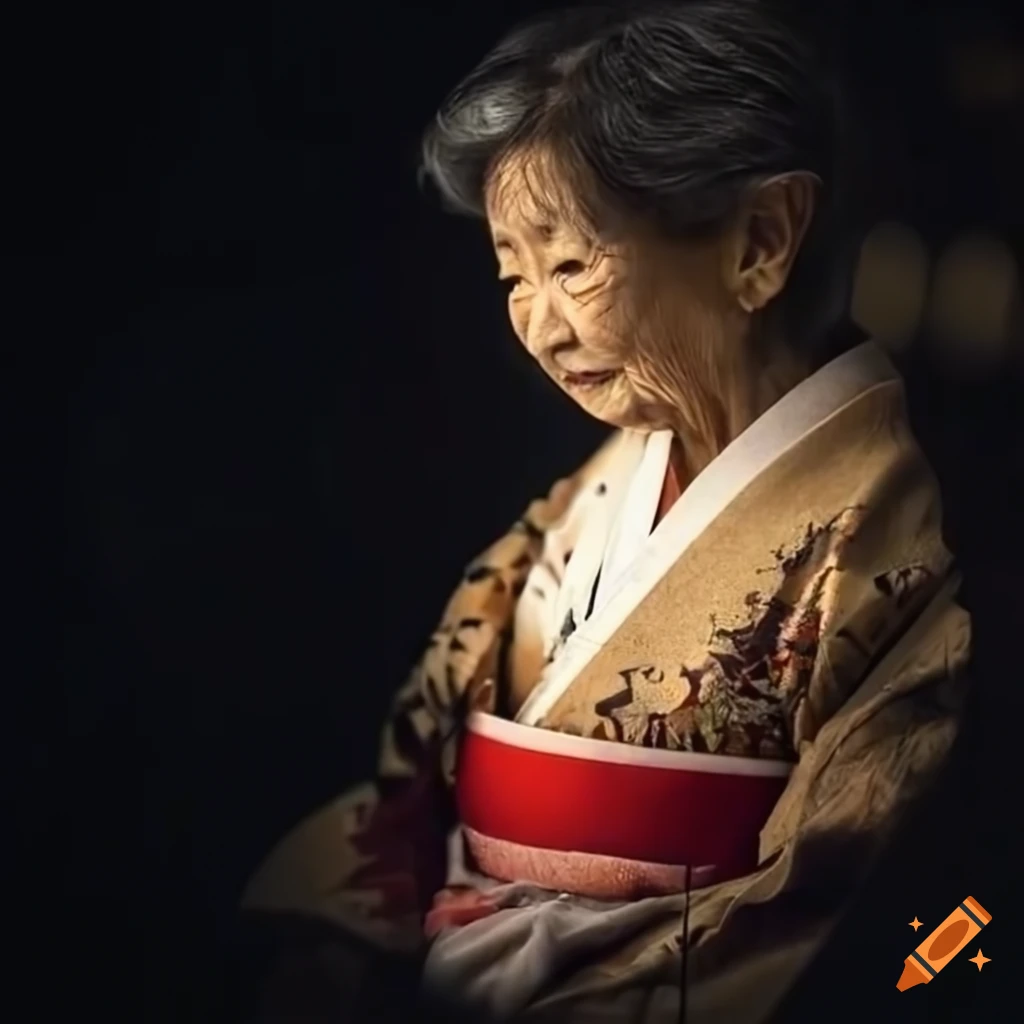 Japanese old woman wearing a kimono in the dark on Craiyon
