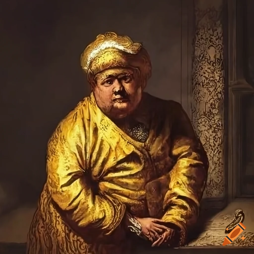 Gold_suit__fat_man_wrapped_in_a_thread___in_the_castle_room_with_sunset ...