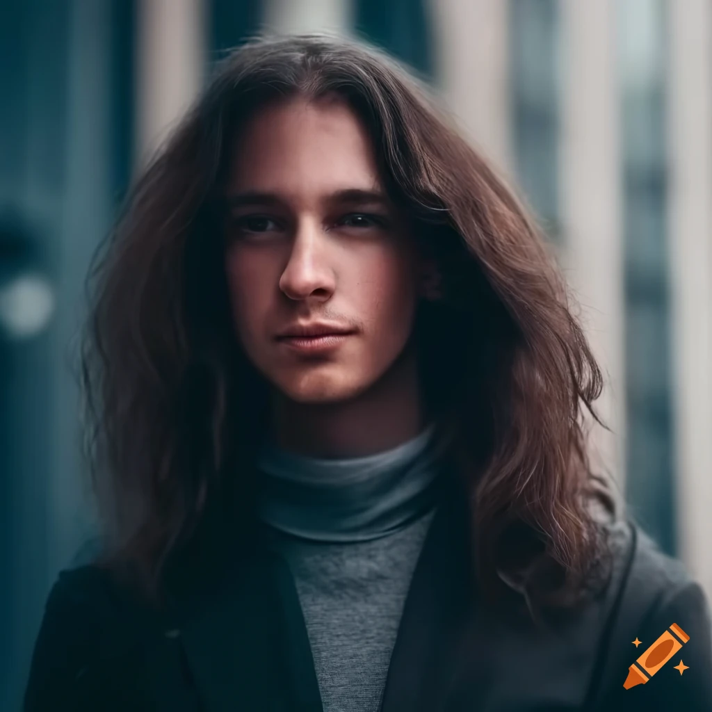 portrait of a long hair modern man in city wearing a jacket