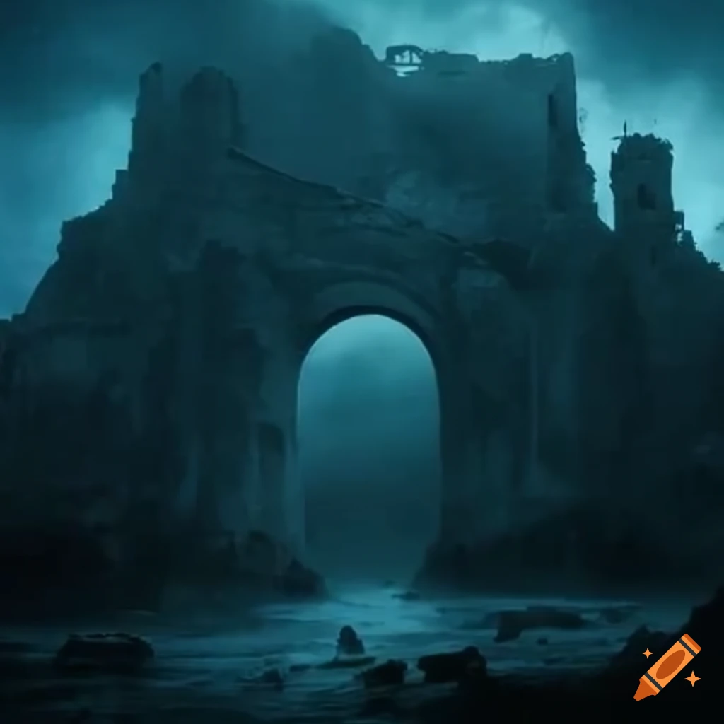 Mysterious ancient castle ruins engulfed in darkness on Craiyon