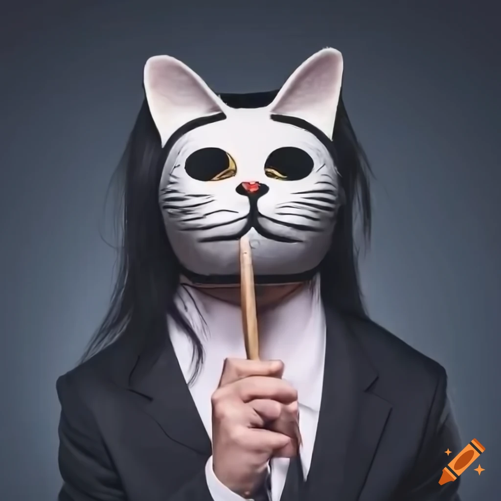 Man, with long black hair, wearing black suit, has a japanese lucky white  cat mask on a face. holding a stick in his right hand on Craiyon