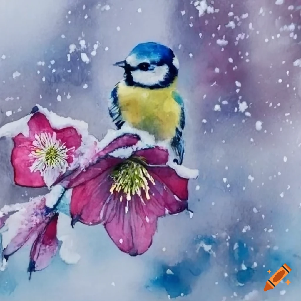 Vibrant watercolor depicting a blue tit sitting on hellebore flowers