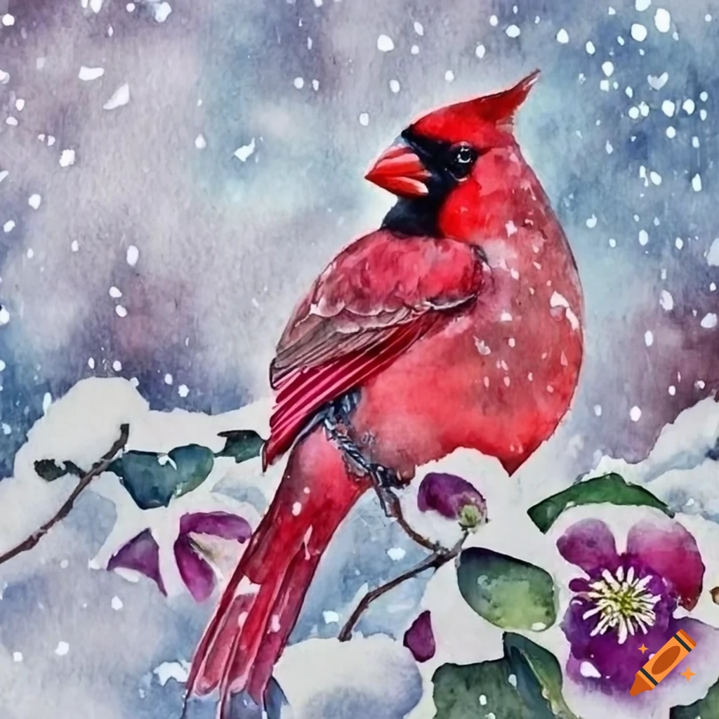 Vibrant watercolor depicting a cardinal sitting on hellebore flowers