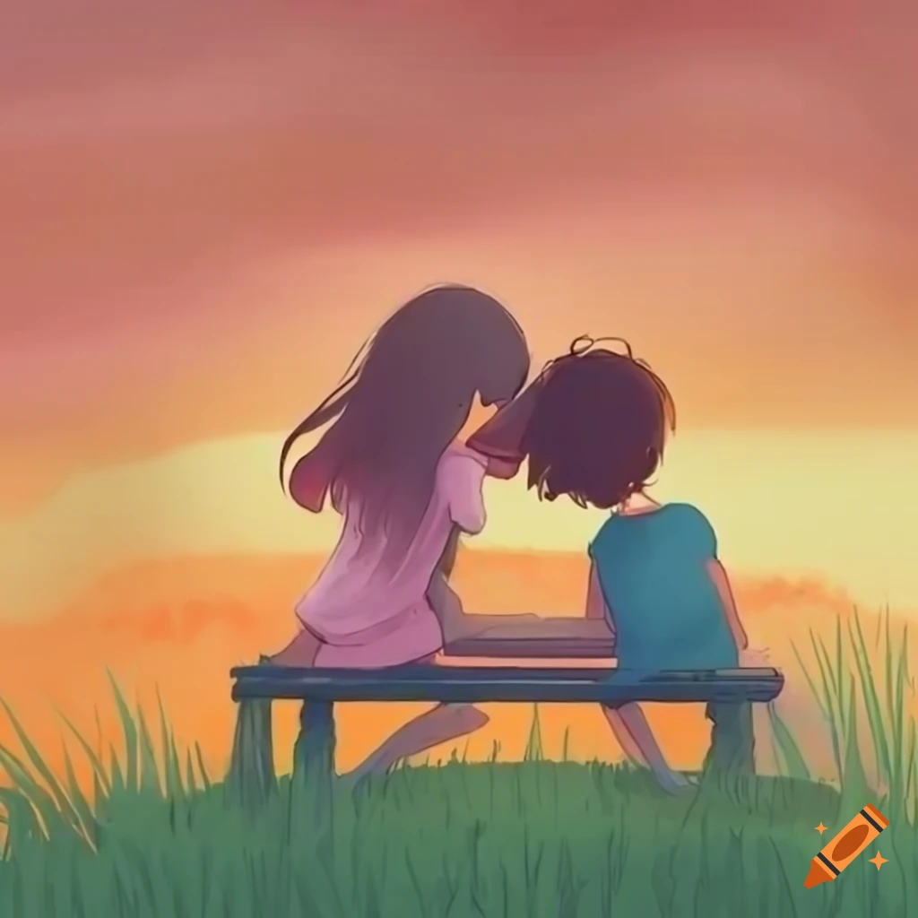 A lovely anime couple that kiss on a bench 