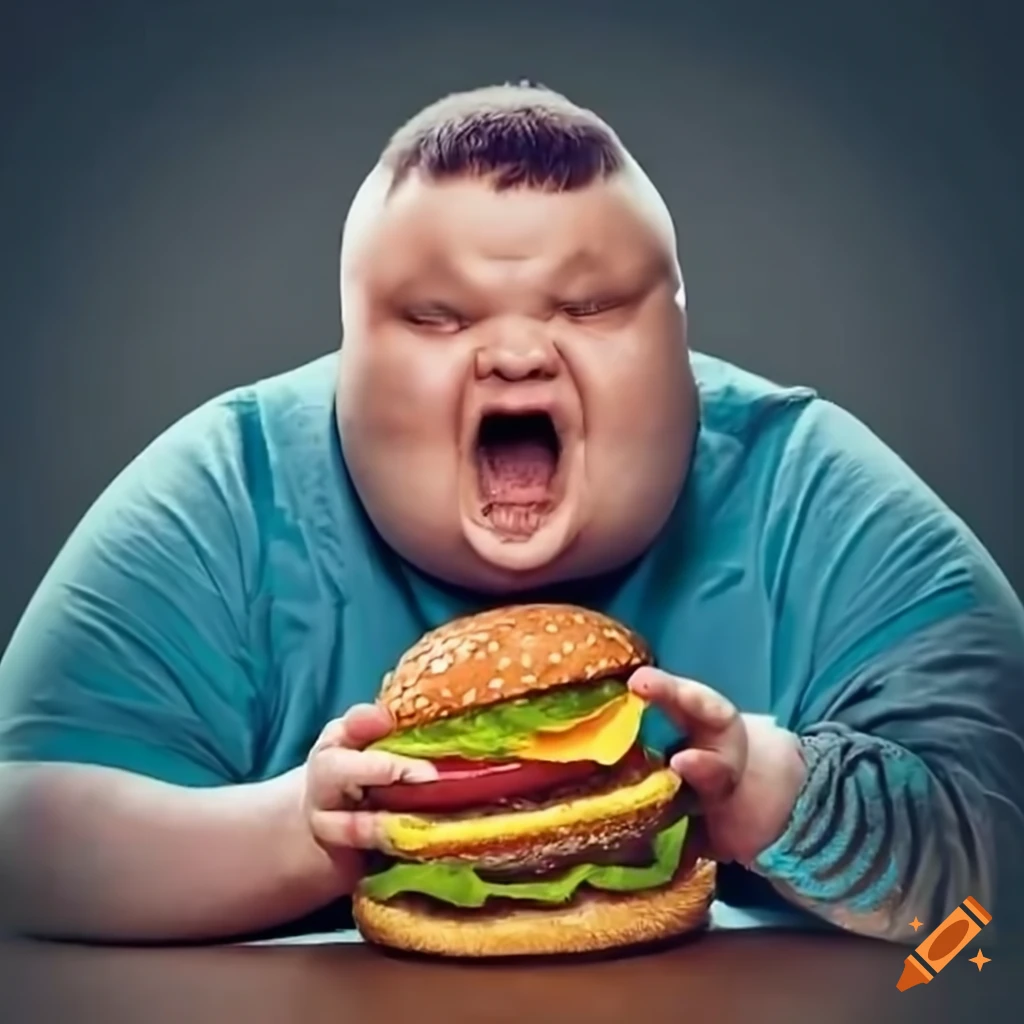 Joyful overweight man gripping a toy burger with a wide grin