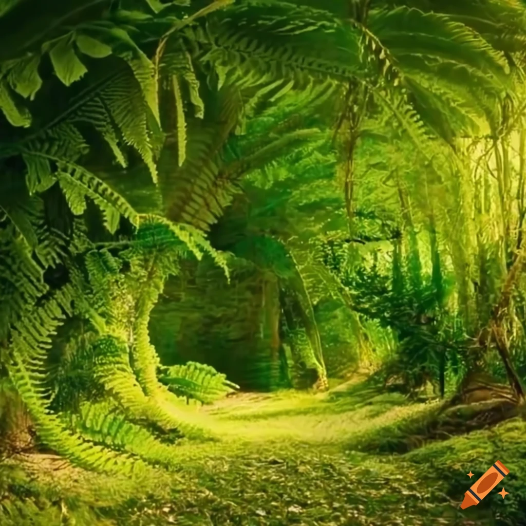 A dreamy landscape of dandelion trees and exotic fanshaped ferns