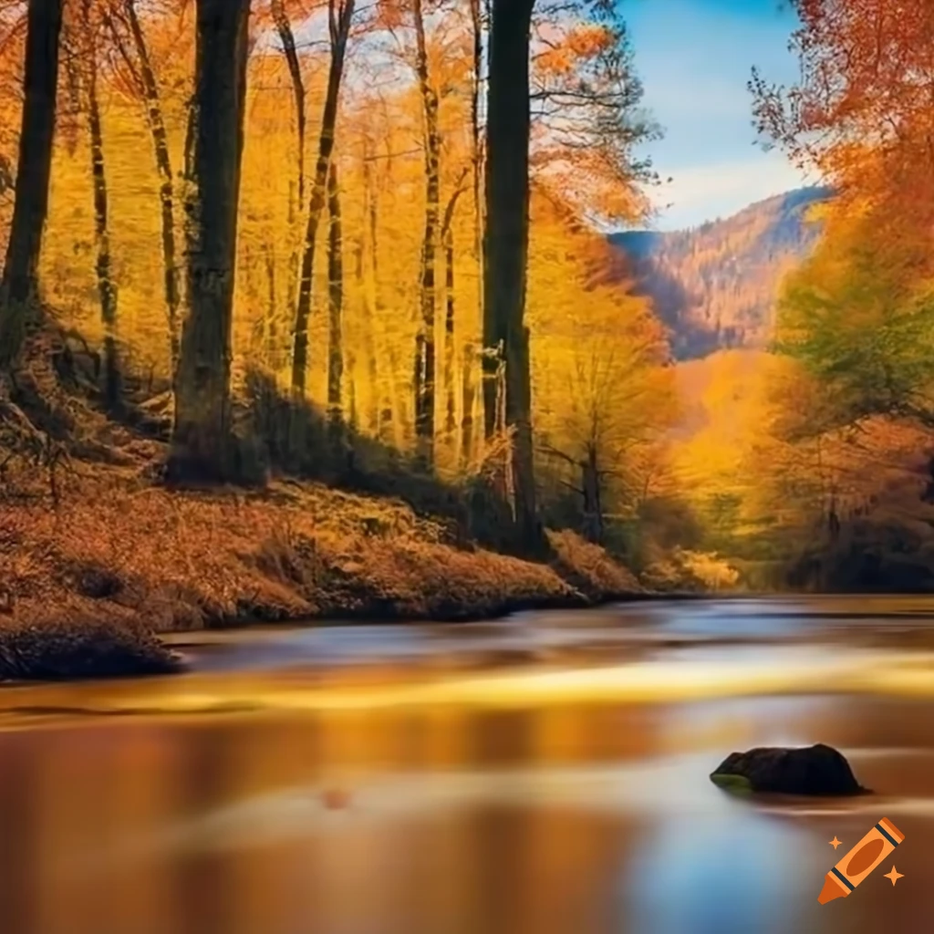 Autumn forest with a river and mountains in the distance