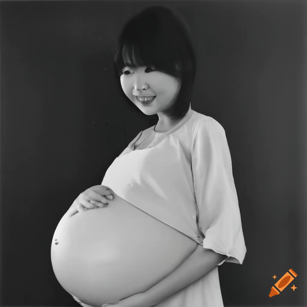 candid snapshot Japanese woman with a large pregnant belly