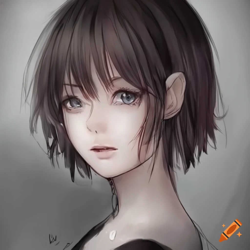 Anime girl, short hair, down view, look at viewer on Craiyon