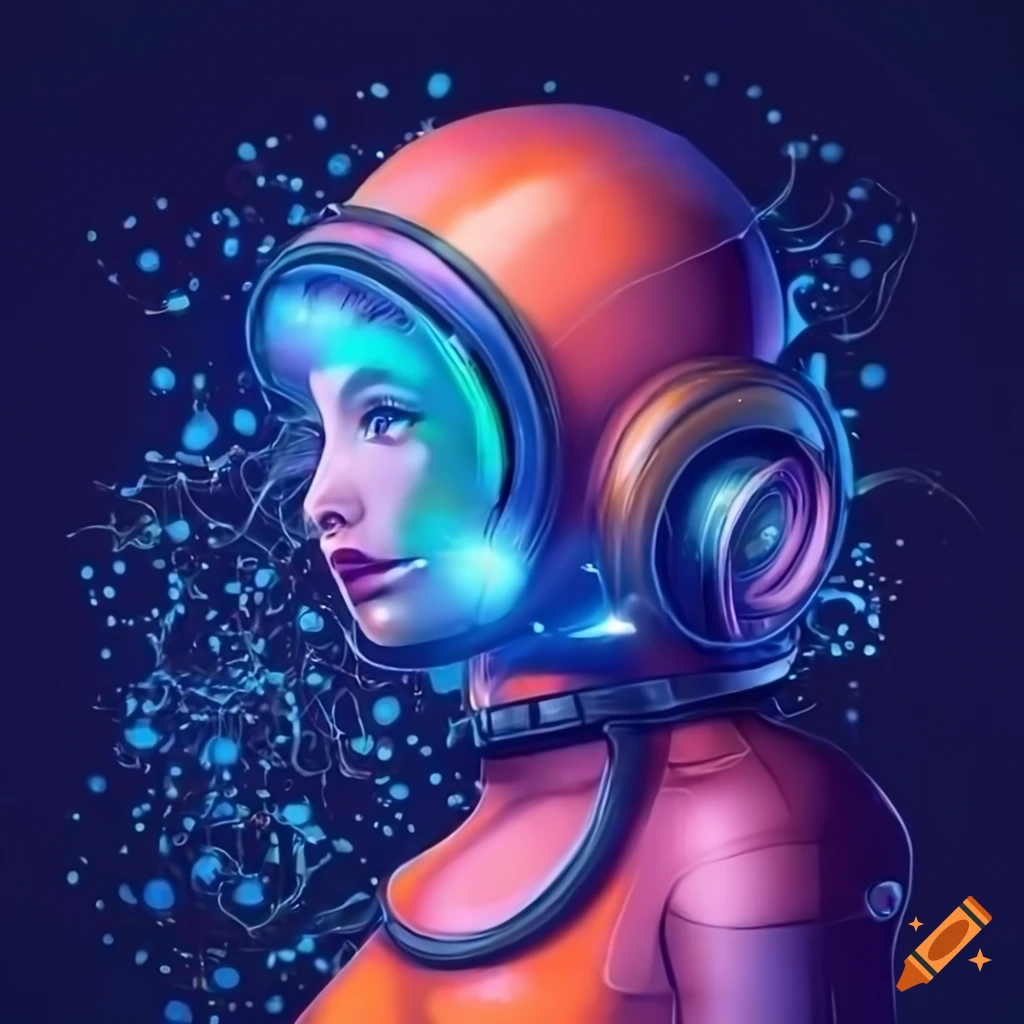 Beautiful woman in a diving suit, hightech diving helmet