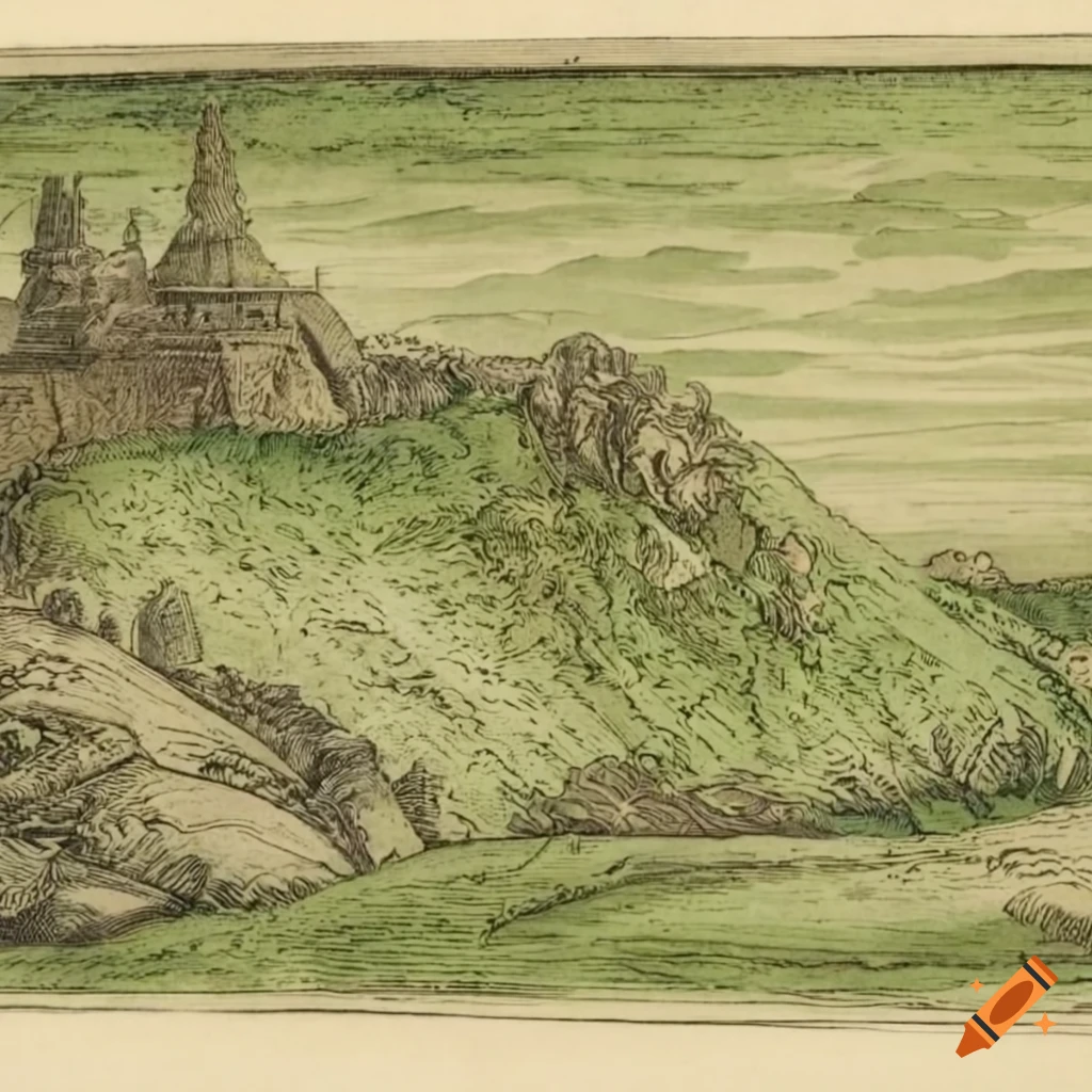 A colored copper engraving of a dwarven warren in a green hill for a