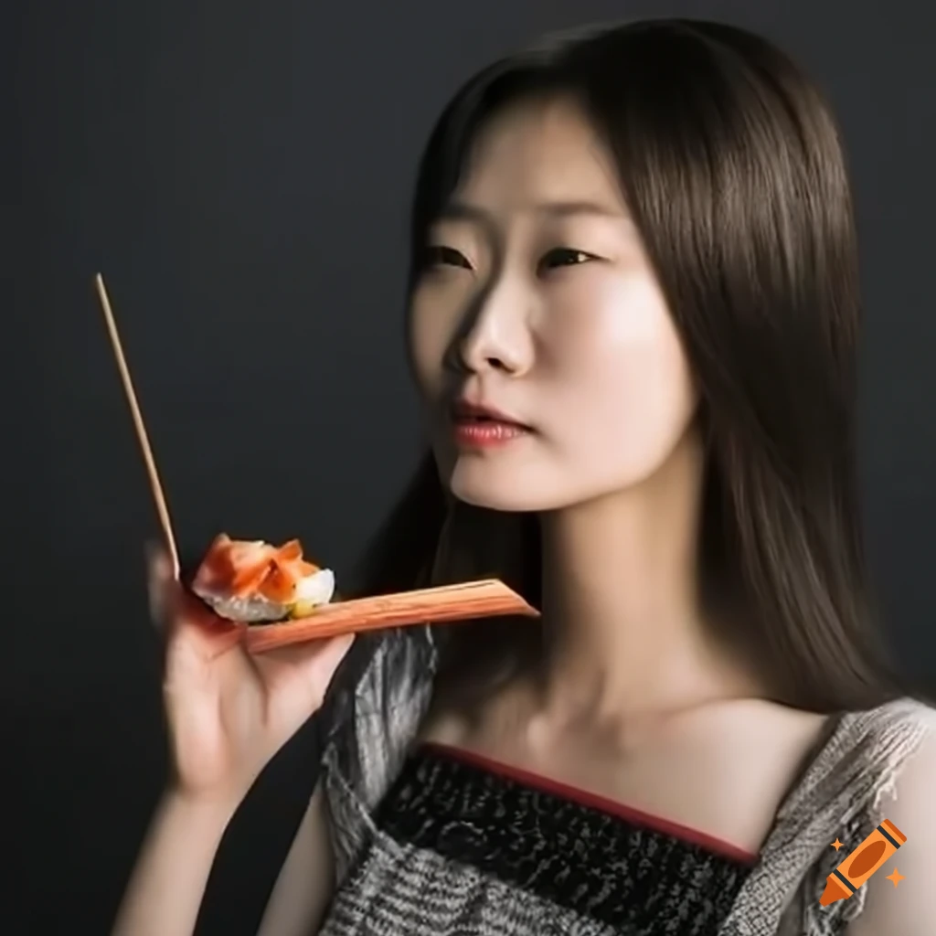 Chinese woman eating sushi with chopsticks