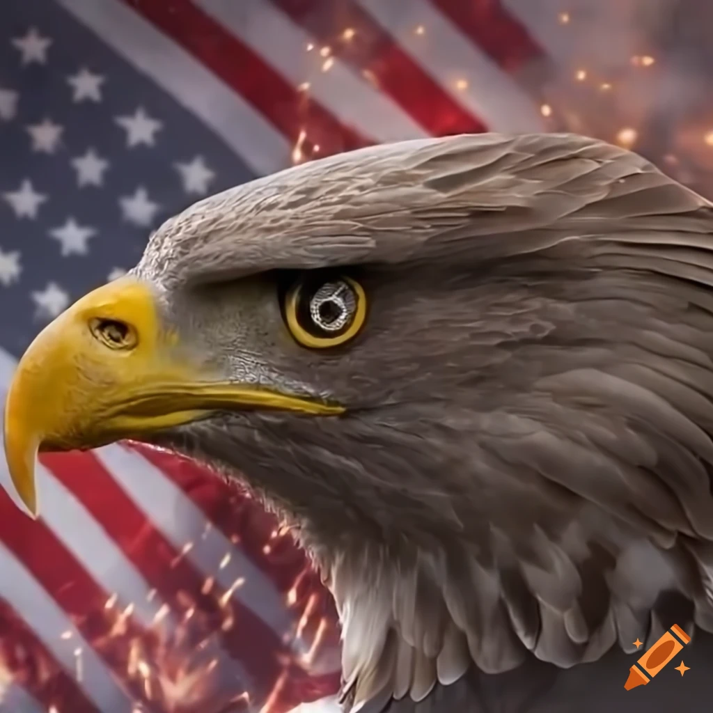 Hero bald eagle with a lot of muscles wearing a suit of armor, torn britain  flag on the ground, american flag and fireworks in the background on Craiyon