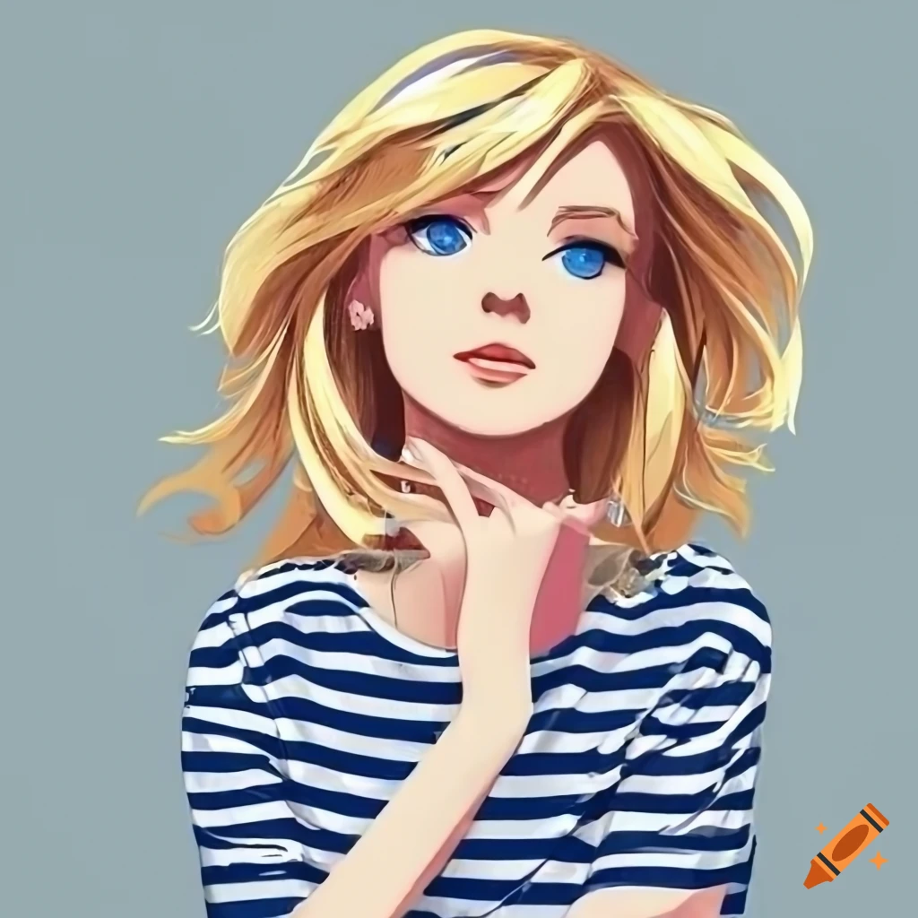 A Blonde Woman With Fair Complexion Attractive Golden Hair Blue Eyes Blue And White Striped 