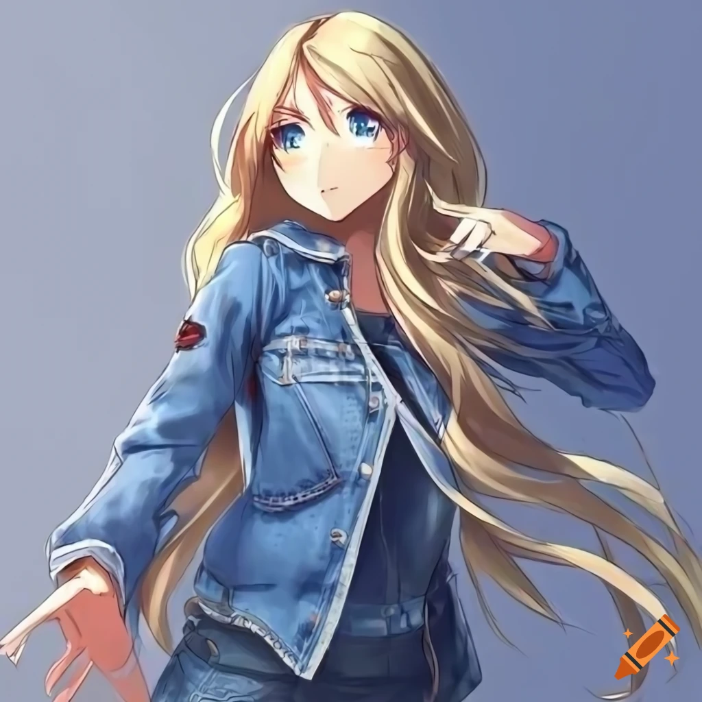 Female Anime Character Long Blonde Hair Blue Eyes Arrogant Jeans Cool Nonchalant Blue 3192