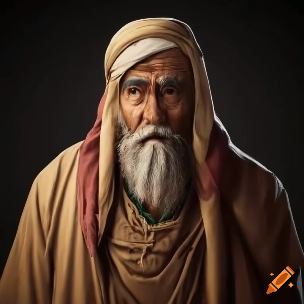 An old muslim warrior facing front face, with intellectual attire ...