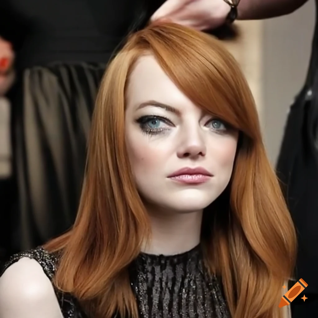 Emma stone getting her long, straight hair trimmed by a stylist while ...