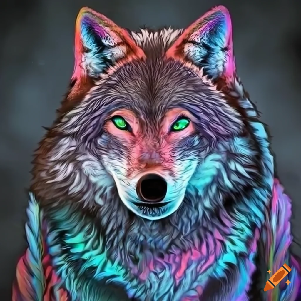 Psychedelic wolf from the front in black background on Craiyon