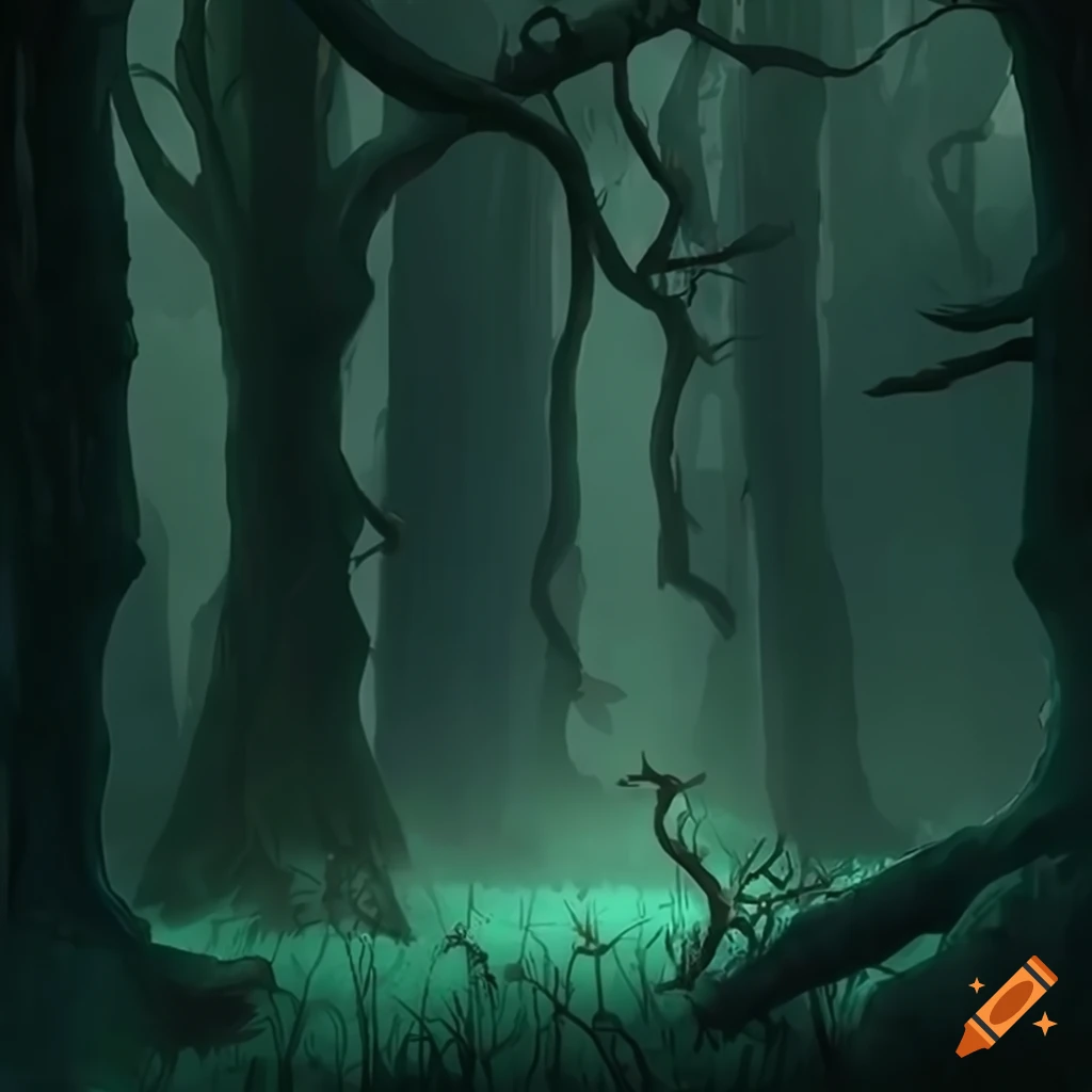 The dark forest is a mysterious and dangerous place in wonderworld. the  trees in this forest are densely arranged and intertwined with their  branches, creating a gloomy atmosphere. the depths of the