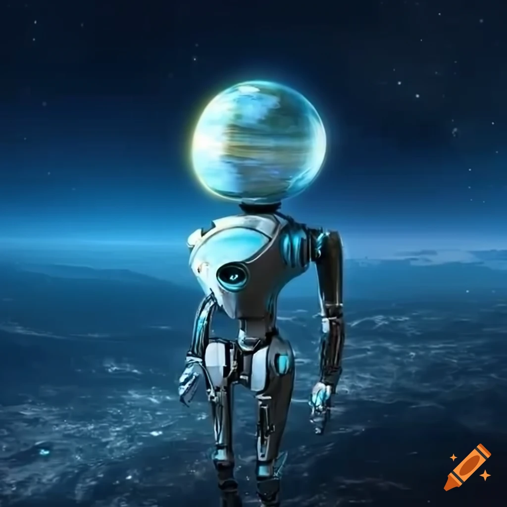 Futuristic robot overlooking a metallic planet with sci-fi spaceships in  the sky on Craiyon
