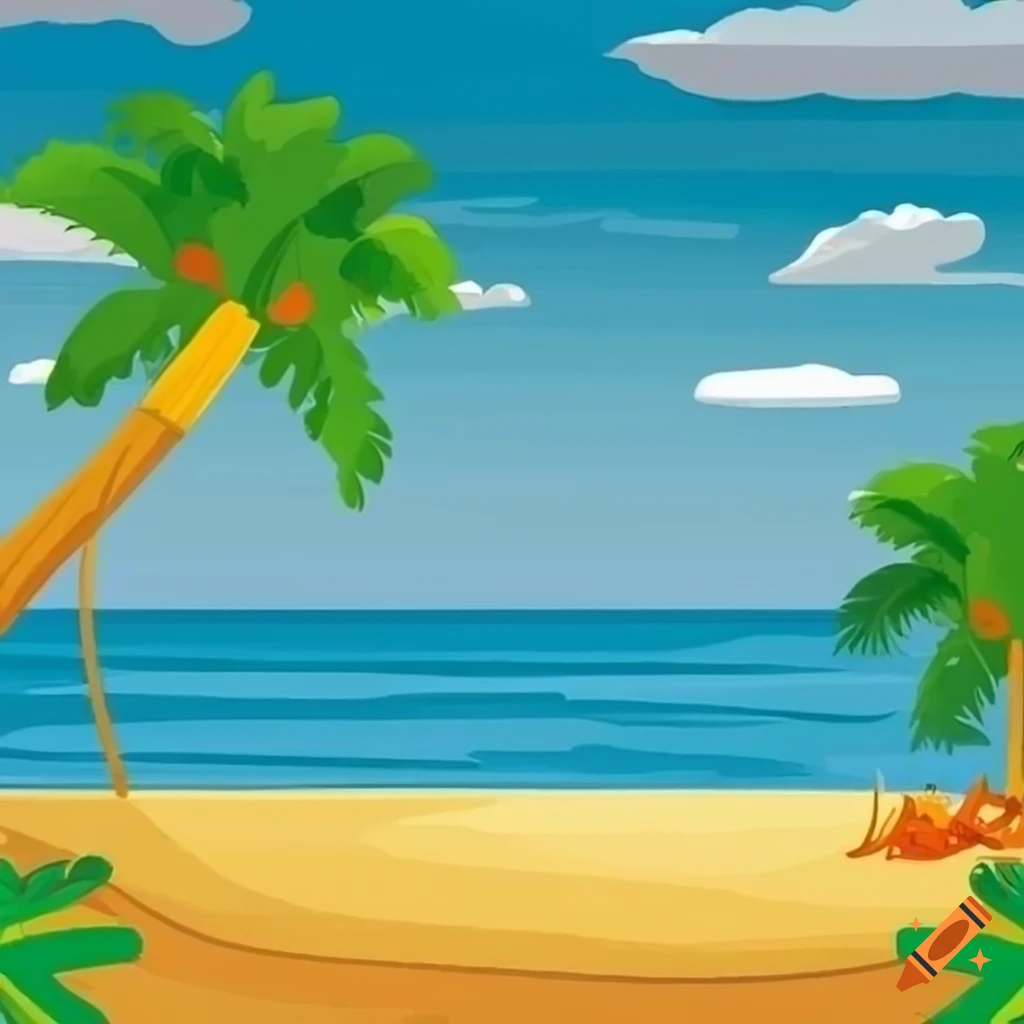 Cartoon beach with sunny sky and palm tree in the upper corneers